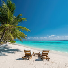 Obraz na płótnie Canvas Luxurious summer loungers umbrellas near beach and sea with palm trees and blue sky.