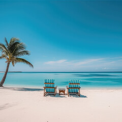 Obraz na płótnie Canvas Luxurious summer loungers umbrellas near beach and sea with palm trees and blue sky.