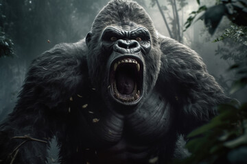 Front view strong screaming aggressive gorilla king kong in jungle, big monkey with open mouth in forest. Wild animal Generative AI illustration - obrazy, fototapety, plakaty