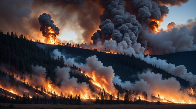 Hill wildfire with fumes and smoke (Climate Change / Global Warming Concept)