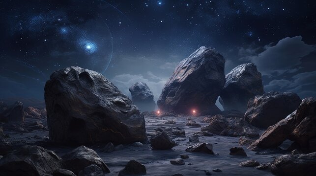 An intriguing artwork featuring cosmic space rocks floating in the vastness of the universe