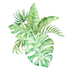 Watercolor bouquet of bright tropical leaves