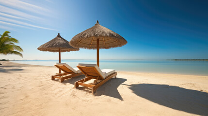 Fototapeta na wymiar Luxurious summer loungers umbrellas near beach and sea with palm trees and blue sky, 