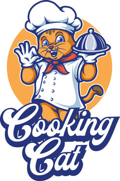 Cartoon Character mascot cooking chef cat logo design template inspiration