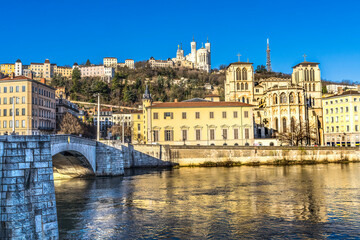 Soane River Bridge Cathedral Notre Dame Basilica Outside Lyon France