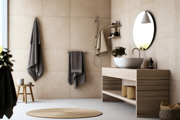 Stylish modern bathroom with shower, sink and towels