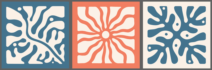 Organic abstract square prints. Aesthetic of mid-century modern art. Rough wavy natural shapes. Hand drawn minimalist natural patterns. Retro bold 60's-70's style graphics.