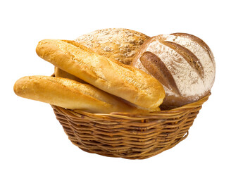 bread loaves and baguettes in a basket
