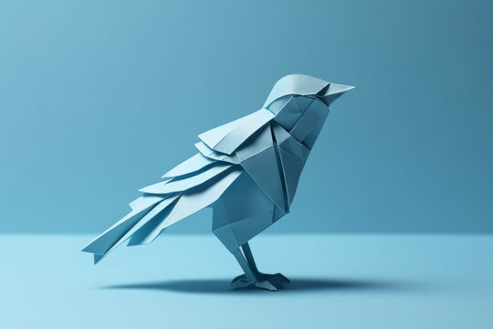 White folding paper bird in a light blue background, Generative AI