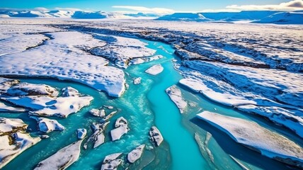 Shot from a helicopter, the stunning green glacier river in Iceland.  GENERATE AI