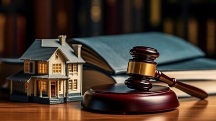 Real estate auction and idea judge. gavel, law texts, and a model of a house.  GENERATE AI