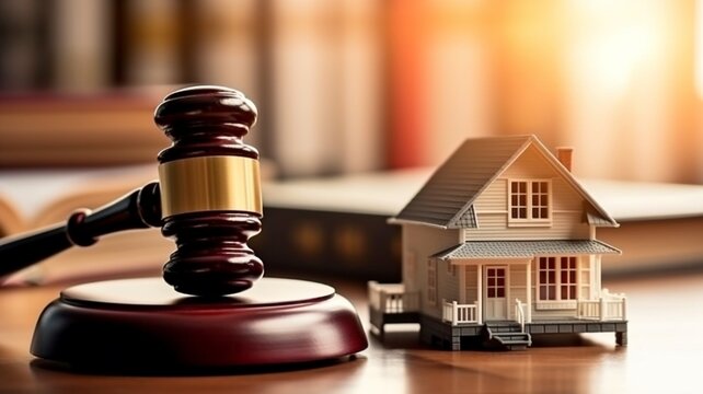 Real estate auction and idea judge. gavel, law texts, and a model of a house.  GENERATE AI