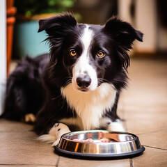 Dog eating food from bowl. Generative AI