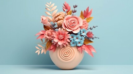 Autumn botanical arrangement, handmade paper flowers, pink vase, floral bouquet, Thanksgiving greeting card template, nature clip art isolated on light blue backdrop. GENERATE AI