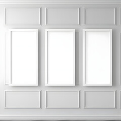  Picture frame on a wall black frame. Blank Mockup. Three vertical frames, modern minimalistic style., template for artwork, painting, photo or poster.  Generative AI.