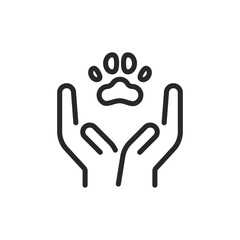 Pet Care Icon. Vector Outline Editable Sign of Animal Protection and Responsible Pet Care. Vector Illustration of Hands Holding Pet Paw Sign.