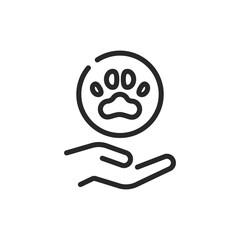 Pet Love and Care Icon. Vector Outline Editable Sign of Caring Hand Holding a Paw Symbolizing Animal Welfare and Animal Protection. 