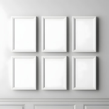  Picture frame on a wall black frame. Blank Mockup. six vertical frames, modern minimalistic style., template for artwork, painting, photo or poster.  Generative AI.