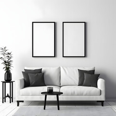  Picture frame on a wall black frame. Blank Mockup. Two vertical frames, modern minimalistic style., template for artwork, painting, photo or poster.  Generative AI.