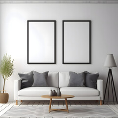  Picture frame on a wall black frame. Blank Mockup. Two vertical frames, modern minimalistic style., template for artwork, painting, photo or poster.  Generative AI.
