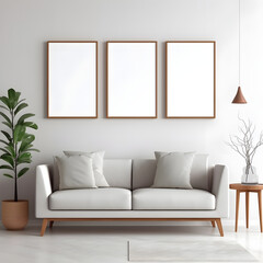  Picture frame on a wall black frame. Blank Mockup. Three vertical frames, modern minimalistic style., template for artwork, painting, photo or poster. Generative AI.