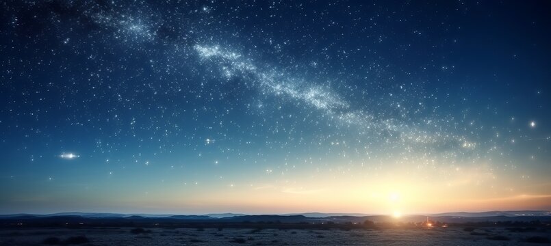 Desert sunrise landscape and bright starry space background. Generative AI technology.	
