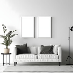 Blank picture frame mockup on white wall. Modern living room design. View of modern Boho style interior with sofa, minimalism concept. Two vertical templates for artwork, painting, photo or poster