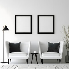 Blank picture frame mockup on white wall. Modern living room design. View of modern minimalist style, Boho style interior with chair. Two vertical templates for artwork, painting, photo or poster