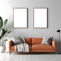 Blank picture frame mockup on white wall. Modern living room design. View of modern Boho style interior with sofa, minimalism concept. Two vertical templates for artwork, painting, photo or poster