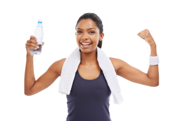 Portrait, winner and arms with a sports woman isolated on a transparent background for health or fitness. Exercise, smile and strong with a happy young female athlete flexing her biceps on PNG