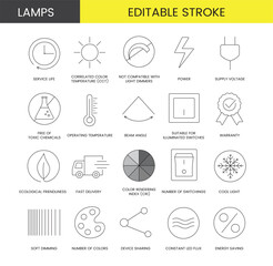 Set of line icons in vector for lamp packaging, technical specifications illustration, correlated color temperature, cct and service life, power and not compatible with light dimmers. Editable stroke.