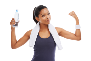 Flex muscle, fitness and portrait of a woman with water bottle and isolated against a transparent png background. Empowerment, workout or exercise and African female person pose for strong training