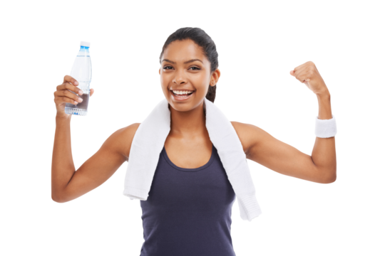Portrait, winner and arms with a sports woman isolated on a transparent background for health or fitness. Exercise, smile and strong with a happy young female athlete flexing her biceps on PNG