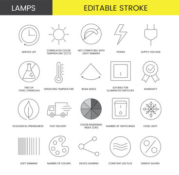 Set of line icons in vector for lamp packaging, technical specifications illustration, correlated color temperature, cct and service life, power and not compatible with light dimmers. Editable stroke.