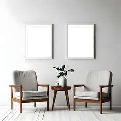 Blank picture frame mockup on white wall. Modern living room design. View of modern minimalist style, Boho style interior with chair. Two vertical templates for artwork, painting, photo or poster