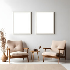 Blank picture frame mockup on white wall. Modern living room design. View of modern minimalist style, Boho style interior with chair. Two vertical templates for artwork, painting, photo or poster