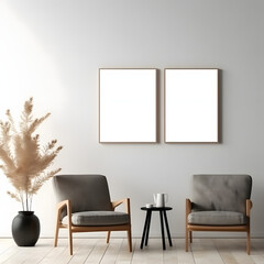 Blank picture frame mockup on white wall. Modern living room design. View of modern minimalist style, Boho style interior with chair. Two vertical templates for artwork, painting, photo or poster