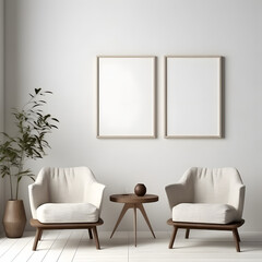 Blank picture frame mockup on white wall. Modern living room design. View of modern minimalist style, Boho style interior with chair. Two vertical templates for artwork, painting, photo or poster