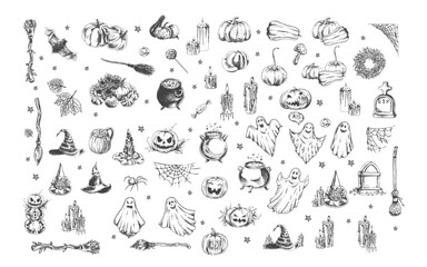 Big set of halloween elements in sketch style. Design of witch, ghost, creepy and spooky elements for halloween decorations, sketch, icon. Hand drawn vector isolated on white  background.