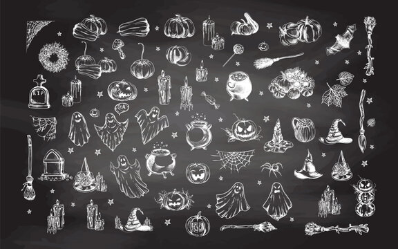 Big set of halloween elements in sketch style. Design of witch, ghost, creepy and spooky elements for halloween decorations, sketch, icon. Hand drawn vector isolated on chalkboard  background.