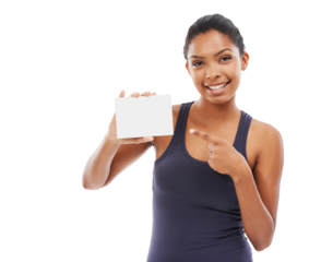 Advertising, portrait of a black woman pointing at business card and isolated against a transparent png background for promotion. Marketing, promote and happy female person point for advertisement