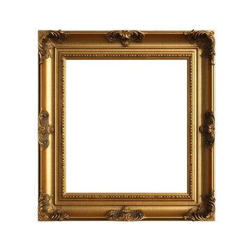 Antique style gold picture frame isolated on transparent background, Clean sleek old golden baroque Victorian square frame mock up for for painting, wall art, artwork, photo, image,generative ai