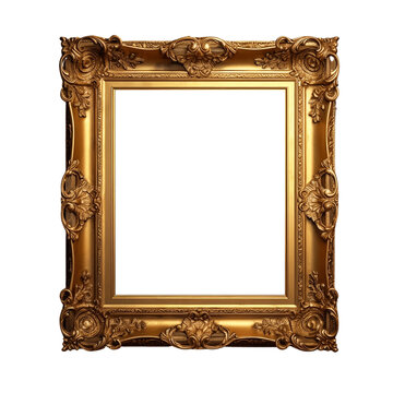 Antique gold picture frame isolated on transparent background, Old golden baroque style frame mock up for painting, art, wall art, artwork, photo, image, picture, product, text mockup. generative ai