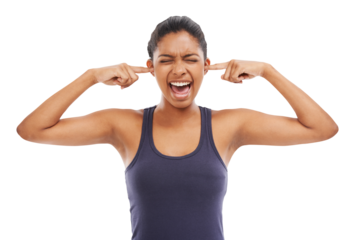 Cover ears, scream and frustrated face of a woman with stress, depression or mental health problem. Headshot of angry african person blocking sound or noise isolated on a transparent png background