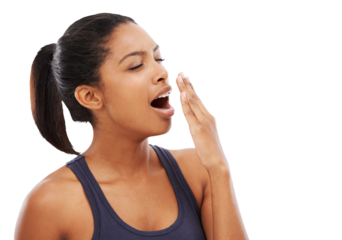 Fitness, tired and woman yawning, fatigue and girl isolated against a transparent background. Female person, model and athlete exhausted after training, sleepy and png with rest, bored and burnout