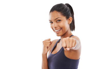 Portrait, smile and woman throw punch isolated on a transparent png background. Face, fist and face of female fighter training, exercise and workout for fight, martial arts and boxing for fitness.