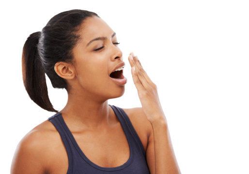 Fitness, tired and woman yawning, fatigue and girl isolated against a transparent background. Female person, model and athlete exhausted after training, sleepy and png with rest, bored and burnout - Powered by Adobe