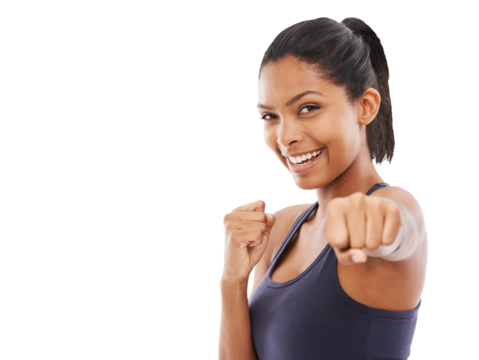 Portrait, smile and woman throw punch isolated on a transparent png background. Face, fist and face of female fighter training, exercise and workout for fight, martial arts and boxing for fitness. - Powered by Adobe