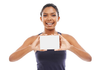 Mockup, happy and portrait of a woman with card for fitness information and gym contact. Training, promotion and a girl showing blank paper for sports details isolated on a transparent png background