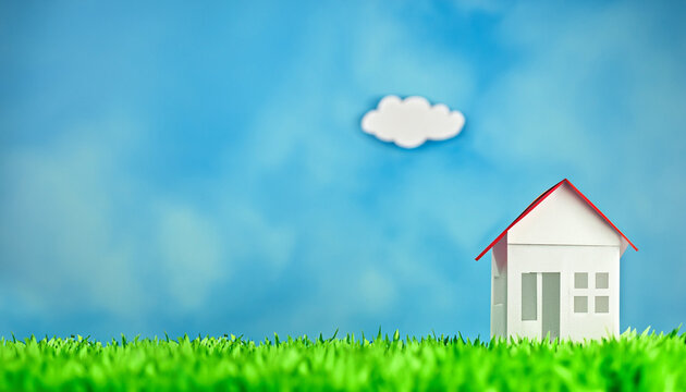 House on green field with blue sky with copy space for home loan real estate concept photo